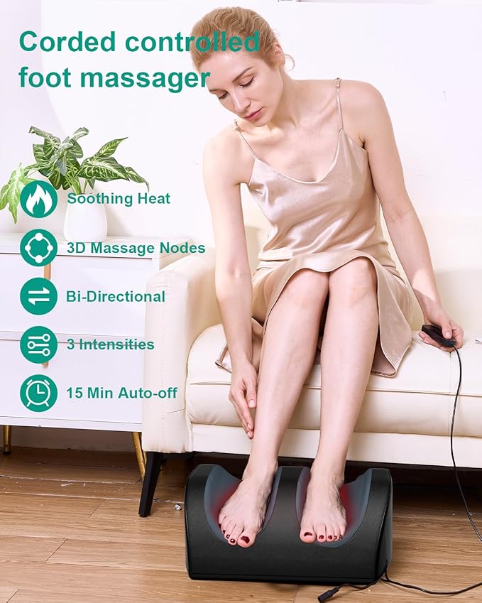 Foot Massager with Heat and Foot Massage Electric Foot Massager with Cord Remote Control Birthday Gifts for Mom and Dad (Black - Corded Electric)