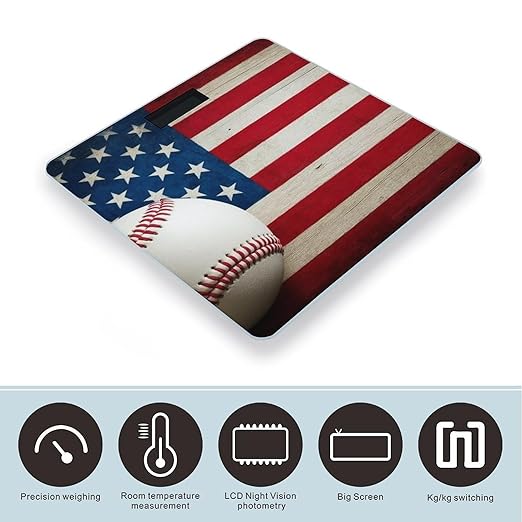Digital Bathroom Weighing Scale Energy Saving Scale Smart Scale for Body Weight Baseball Rustic Wooden American Flag