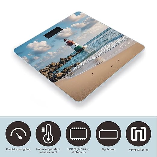 Sea Lighthouse Sandbeach Bathroom Scale for Body Weight Bathroom Weighing Scales with Back Lit LED Display Sturdy Tempered Glass Body Weight Bathroom Scale 400lb Weighing