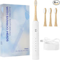 Bamboo Electric Toothbrush for Adults Electric Toothbrush with 4 Bamboo Heads Soft Castor Oil Bristles 5 Modes Smart Timer Sonic Technology IPX7 Waterproof 70-Day Battery Life-White