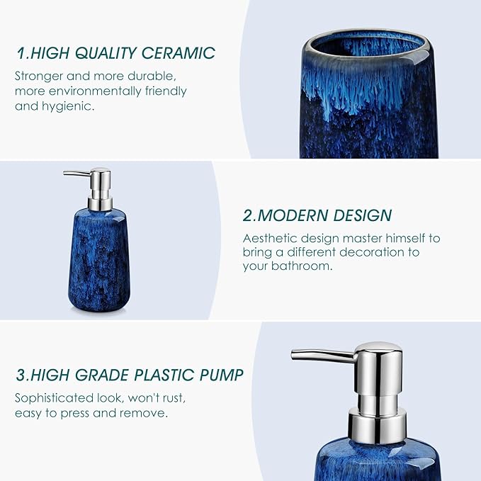 vancasso Blue Bathroom Accessories Set Ceramic Soap Dispenser and Toothbrush Holder Sets Stoneware 4 Pcs Bathroom Sink Set for Modern Home Decor Series Starry