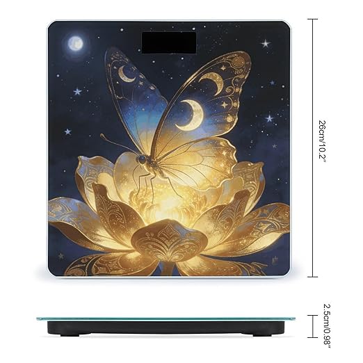 Golden Retro Fantasy Starry Moon Butterfly Weight ScaleClear LED Display Bathroom Digital Weighing ScaleTempered Glass Digital Bathroom Scale for Body Weight Capacity Up to 400 Lbs