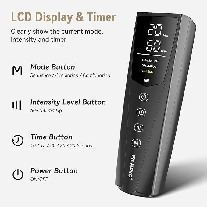 FIT KING Rechargeable Leg and Foot Massager - Cordless Air Compression Full Leg Boots Massager for Circulation and Recovery - Pressure Sensor &amp LCD Display - 3 Modes 10 Intensities 5 Timer Functio