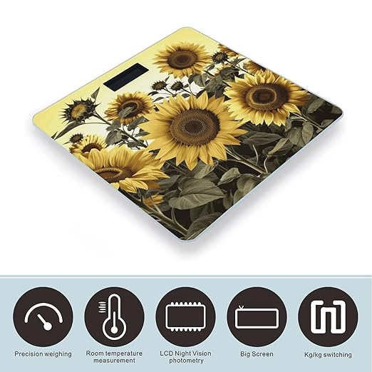 Yellow Sunflower Floral Bathroom Scale for Body Weight Bathroom Weighing Scale with Backlit LCD Display Highly Accurate Measures Weight Up to 180kg