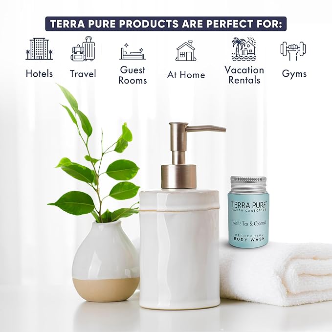 Travel Size Hotel Body Wash 100 Count 1 oz Bottles Guest Amenities for Hotels Vacation Rentals &amp Short Term Rentals Paraben Free White Tea &amp Coconut Scent Infused with Aloe and Olive Oil by Te