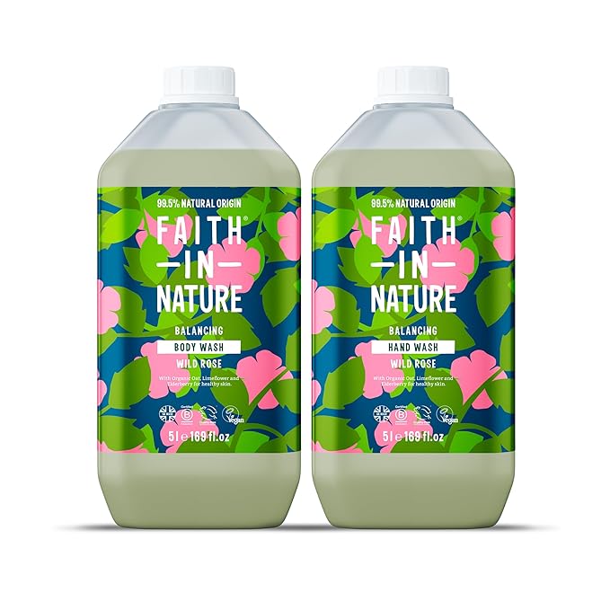 Faith In Nature Natural Hand Wash &amp Body Wash Set - Vegan &amp Cruelty Free No SLS or Parabens - 2 x 169 fl oz Value Bundle Pack Wild Rose