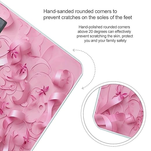 Pink Ribbon Pattern Scale for Body Weight Anti-Slip Tempered Glass Digital Bathroom Scales Clear LCD Display Weighing Scale Safe Rounded Corners Smart Scales