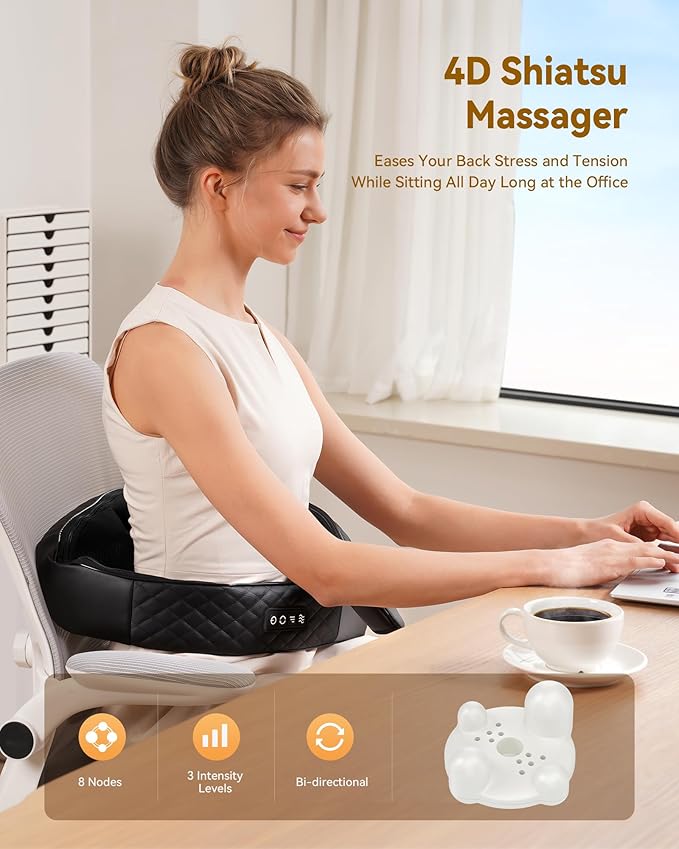 Neck Massager with Heat Shiatsu Neck and Back Massager 4D Deep Tissue Kneading for NeckBackShoulder Body Muscle Pain Relief Leather Handbag for Storage Gift for Men Women Mom Dad Plug-in Use