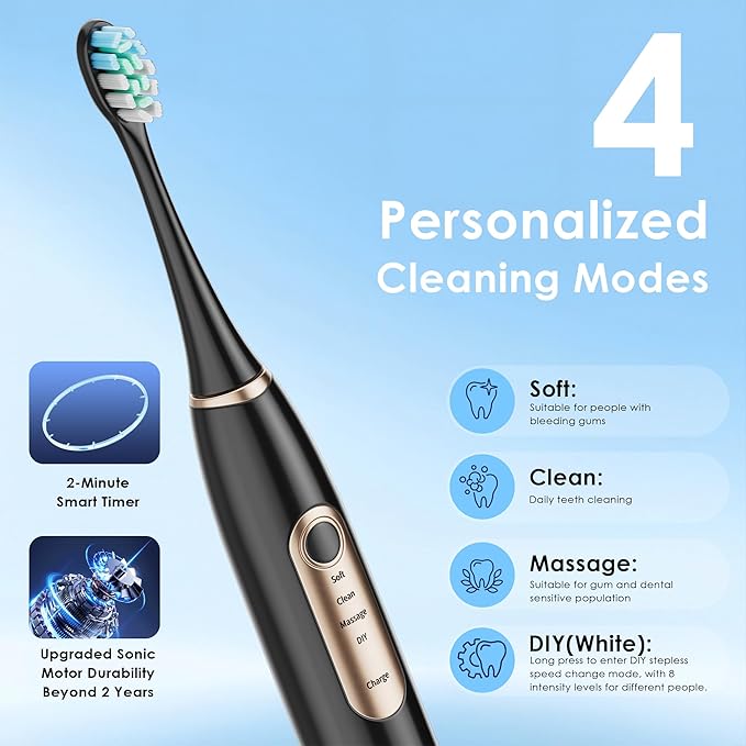 38000 VPM Sonic Electric Toothbrush Set with 6 Brush Heads-2 Minute Timer-4 Cleaning SettingsIPX7 WaterproofLightweight and USB Rechargeable Toothbrush for Oral Care (E0010-Black)