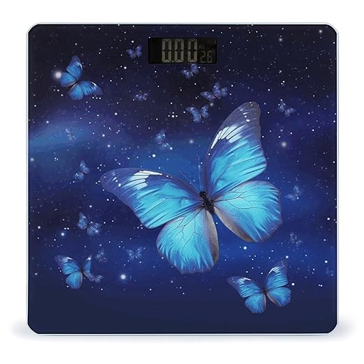 Blue Starry Butterfly Scale for Body Weight Safe Rounded Corners Tempered Glass Digital Bathroom Scale LED Display 400lb Capacity Weight Scales with High Precision Sensors