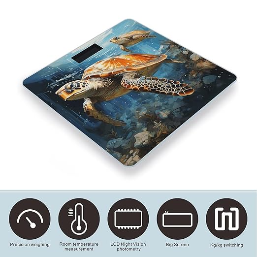 Turtle Swimming in The Sea Scale for Body Weight Anti-Slip Tempered Glass Digital Bathroom Scales Clear LCD Display Weighing Scale Safe Rounded Corners Smart Scales