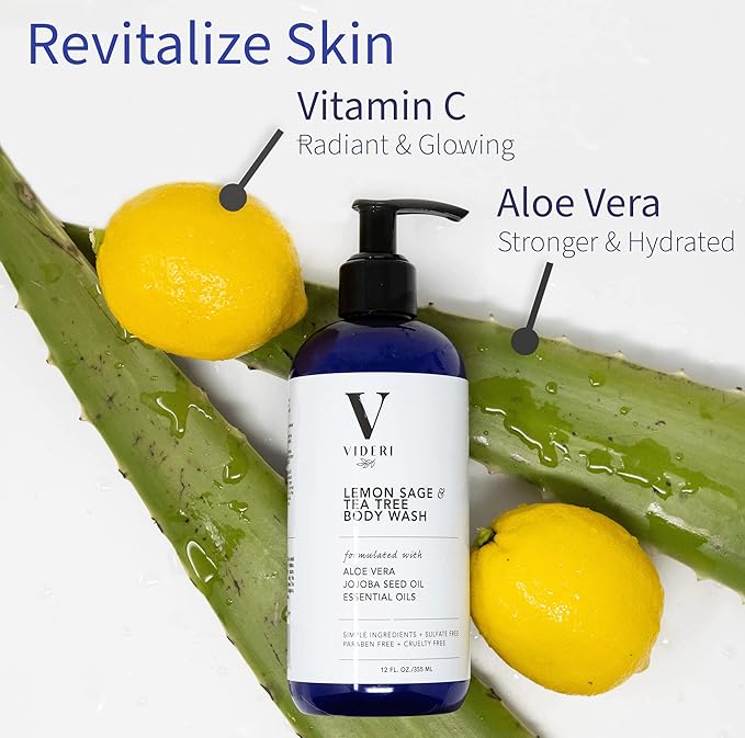 Sulfate Free Body Wash for Sensitive Skin Lemon Sage &amp Tea Tree Body Wash - Essential Oils Aloe Vera &amp Jojoba - Antioxidant Rich Gentle on Skin &amp Fresh Citrus Scent - Large 12 fl oz