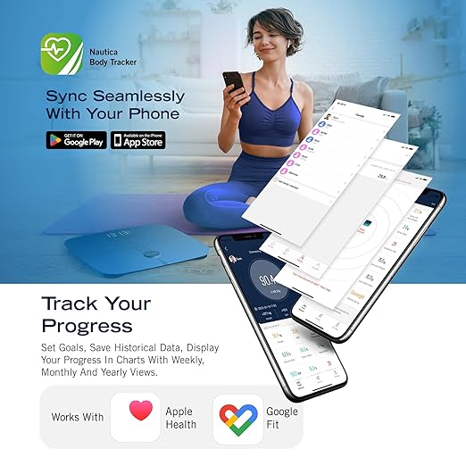 Nautica Body Tracker Digital Bathroom Scale Bluetooth-Enabled Smart Scale with BMI Body Fat Muscle Mass Tracking &amp More Syncs with Smartphone App for Body Composition Tracking 440 Lbs.