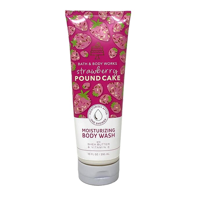 Bath &amp Body Works Strawberry Pound Cake - Moisturizing Body Wash Fine Fragrance Mist and Ultimate Hydration Body Cream - with a Peach Gardenia Bar Soap