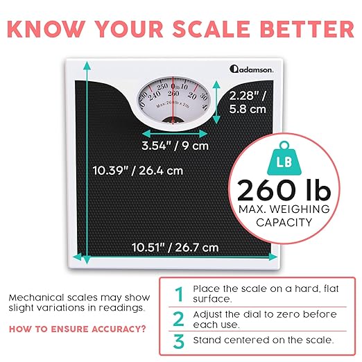 Adamson A22 Bathroom Scale for Body Weight - Up to 260 LB - Anti-Skid Rubber Surface - Analog Bathroom Weight Scales