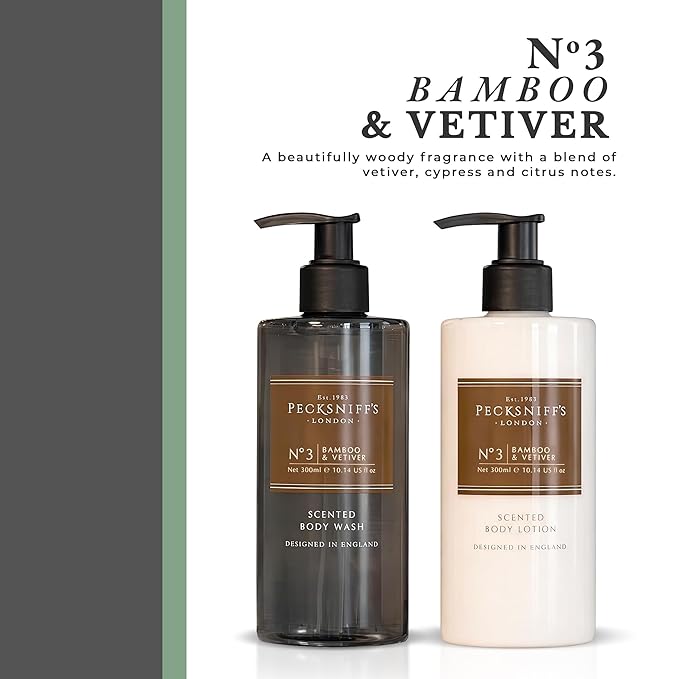 Pecksniffs Mens Bathing Duo Collection – Bamboo &amp Vetiver Scented Body Wash and Body Lotion Gift Set 2 x 250ml