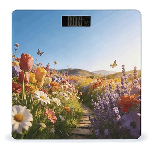 Heading to The Flower Field Weight ScaleClear LED Display Bathroom Digital Weighing ScaleTempered Glass Digital Bathroom Scale for Body Weight Capacity Up to 400 Lbs