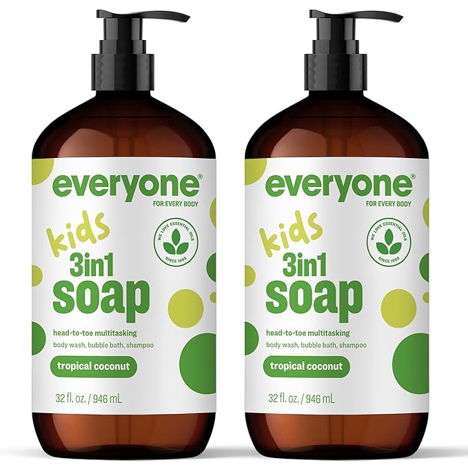 Everyone 3-in-1 Kids Soap Body Wash Bubble Bath Shampoo 32 Ounce (Pack of 2) Tropical Coconut made with Essential Oils for Toddlers tweens and teens