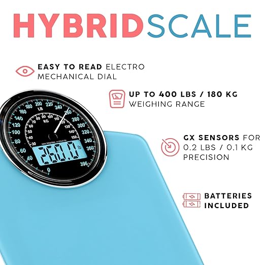 Adamson Hybrid 2-in-1 Analog &amp Digital Weighing Scale for Body Weight up to 400lbs - Thick Tempered Glass - Extra Large Display - Easy to Read Digital Bathroom Scale - New - Light Blue