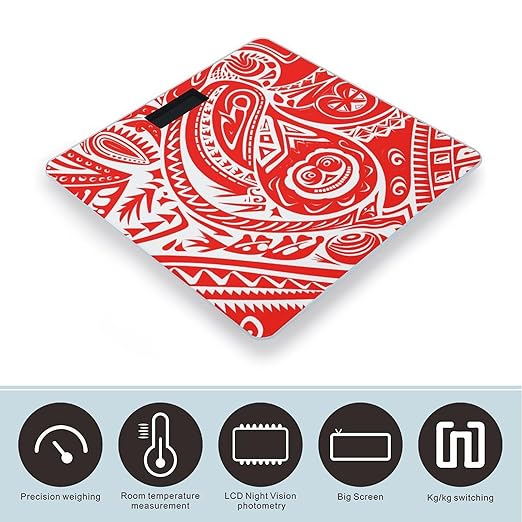 White and Red Tribal Pattern Scale for Body Weight Anti-Slip Digital Bathroom Scale Sturdy Toughened Glass Weighing Scales High Precision Safe Rounded Corners Smart Scales