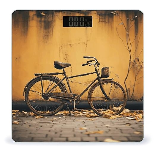 Old Rusty Vintage Bicycle Scale for Body Weight Anti-Slip Tempered Glass Digital Bathroom Scales Clear LCD Display Weighing Scale Safe Rounded Corners Smart Scales