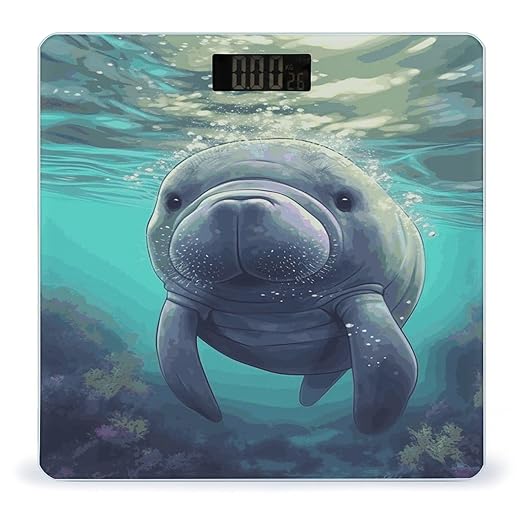 Cute Sea Animal Manatee Bathroom Scale for Body Weight Bathroom Digital Electronic Weighing Scale with Back Lit LED Display Sturdy Tempered Glass Weight Watchers Scales 400lb