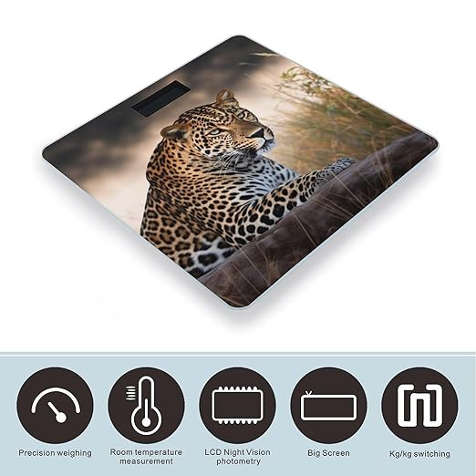 African Animal Leopard Scale for Body Weight Safe Rounded Corners Tempered Glass Digital Bathroom Scale LED Display 400lb Capacity Weight Scales with High Precision Sensors