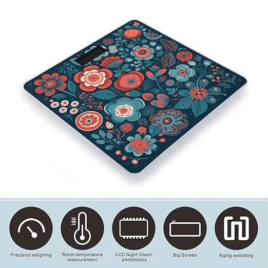 Blue Flower Pattern Scale for Body Weight Anti-Slip Tempered Glass Digital Bathroom Scales Clear LCD Display Weighing Scale Safe Rounded Corners Smart Scales