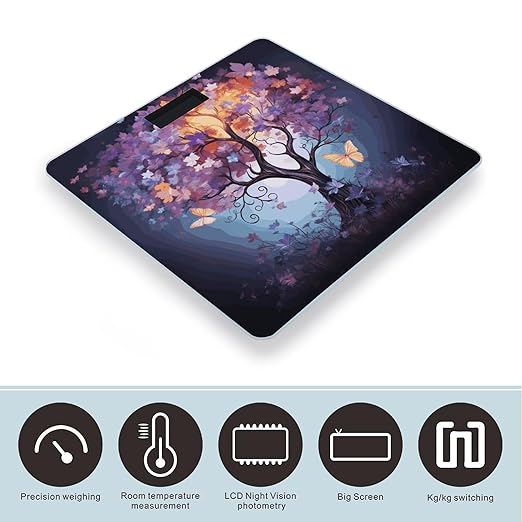Colorful Flower Butterfly Tree Bathroom Scale for Body Weight Bathroom Digital Electronic Weighing Scale with Back Lit LED Display Sturdy Tempered Glass Weight Watchers Scales 400lb
