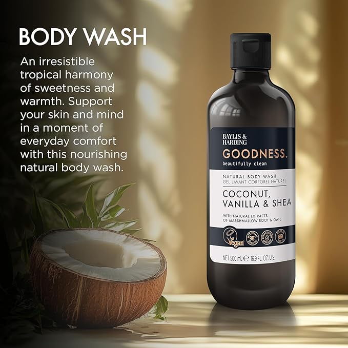 Baylis &amp Harding Goodness Coconut Vanilla &amp Shea Natural Body Wash 16.9Fl.oz Pack of 3 - Biodegradable Formula