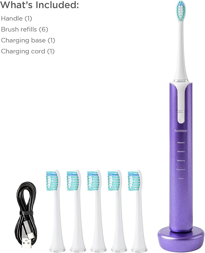 Soniclean Lux Sonic Toothbrush for Adults with 6 Toothbrush Heads Rechargeable Automatic Purple
