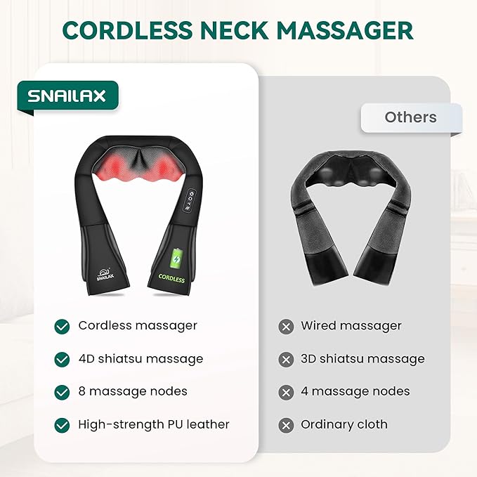 Snailax Cordless Massager - Shiatsu Neck and Shoulder Massager with Heat FSA Eligible Portable Lumbar Back Electric Massage Pillow Christmas Gift