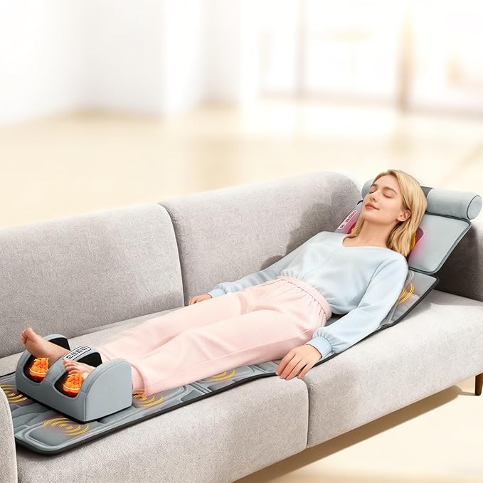 KOCASO Flannel Full Body Massage Mat Multifunctional Massage Chair Pad with Heat Timer Shiatsu Neck Foot Massager Lumbar Pillow Carry Bag Earplugs Anti-Slip Bottom for Reclining Chair