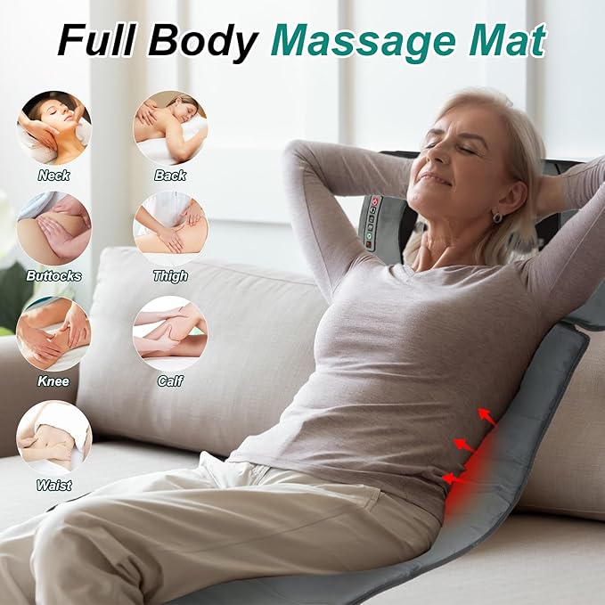 Full Body Massage Mat with Heat 10 Vibration Nodes Massage Chair Pad with 3 Heating Levels Anti-Slip Bottom Relaxation Seat Back Massager with Head Neck Pillow for Home Office