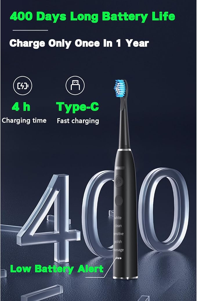 YUHANG Sonic Electric Toothbrush5 Modes400-Day Battery Life2-Minute Timer30s ReminderErgonomic Comfort Grip40000 Vibrations/minIPX7-4 Brush Heads - Travel Box (White)