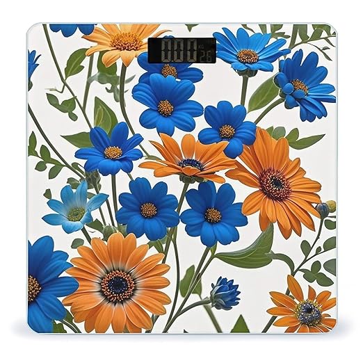 Blue and Orange Flowers on White Background Scale for Body Weight Highly Accurate Digital Bathroom Body Scale Digital Bathroom Scales for People Anti-Slip Large LCD Display Smart Scales