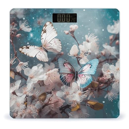 Butterflies are Flying Scale for Body Weight Precision Bathroom Weighing Scales with Back Lit LCD Display Sturdy Tempered Glass Body Weight Scales Digital Bathroom Scale 400lb