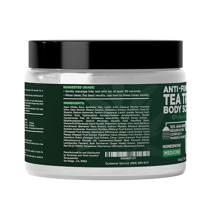 Terramed Just Think Comfort Antifungal Body Scrub with Tea Tree Oil – Exfoliating Body Wash for Women &amp Men – Soothes Itchy Skin Rashes Acne Warts &amp Insects Bites – 12 Fl oz with Scrubber B