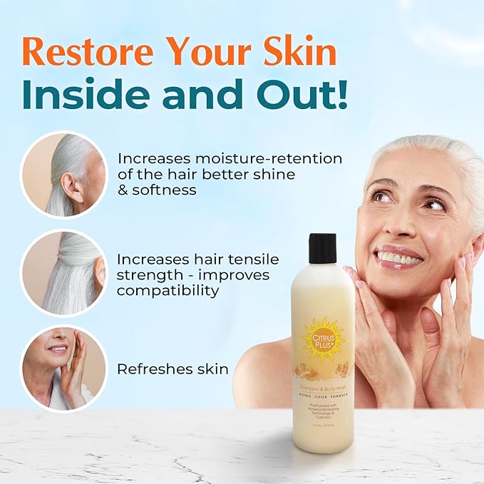 Deodorizing Citrus Plus Elder Shampoo and Body Wash by BoaVida with new leak-proof cap Soap Made with Persimmon to Treat the Presence of Nonenal and Remove Old Person Smell 16 oz