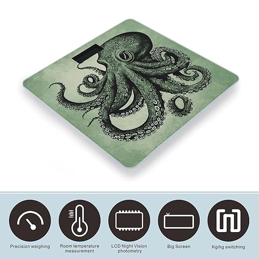Green Octopus Scale for Body Weight Anti-Slip Tempered Glass Digital Bathroom Scales Clear LCD Display Weighing Scale Safe Rounded Corners Smart Scales