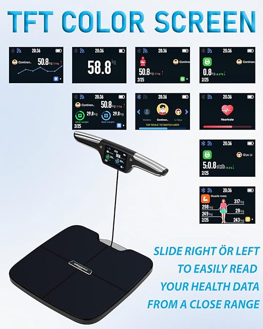 Smart Scale for Body Weight 8-Electrode Body Composition Scale with BMI Body Fat Muscle Mass Full-Color TFT LCD on Handle Rechargeable Body Fat Scale