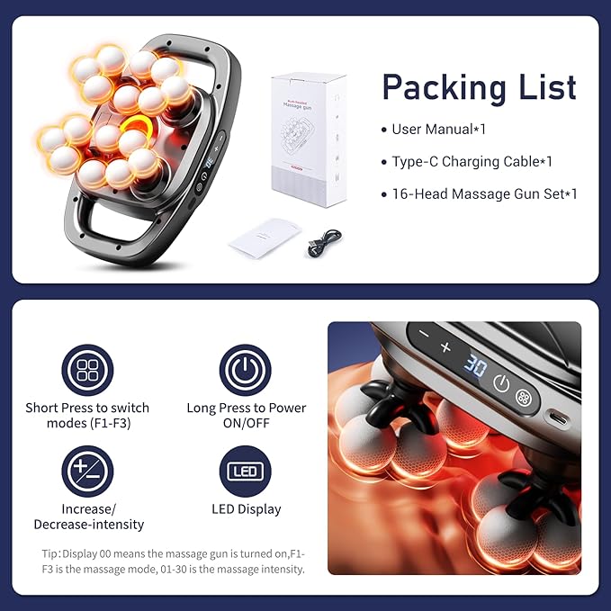 16 Head Massage Gun Deep Tissue Percussion Back Massager with 3 Modes &amp 30 Intensities Quiet Muscle Massage Pain Relief Portable Percussion Massage Gun for Back Neck Shoulders Legs Waist B