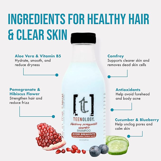 Teenology Shampoo Conditioner and Body Wash Bundle (Save 10%) - Sulfate and Paraben Free Noncomedogenic Natural Botanical Extracts Blueberry Pomegranate Cucumber and Tropical Orange - 16 oz.