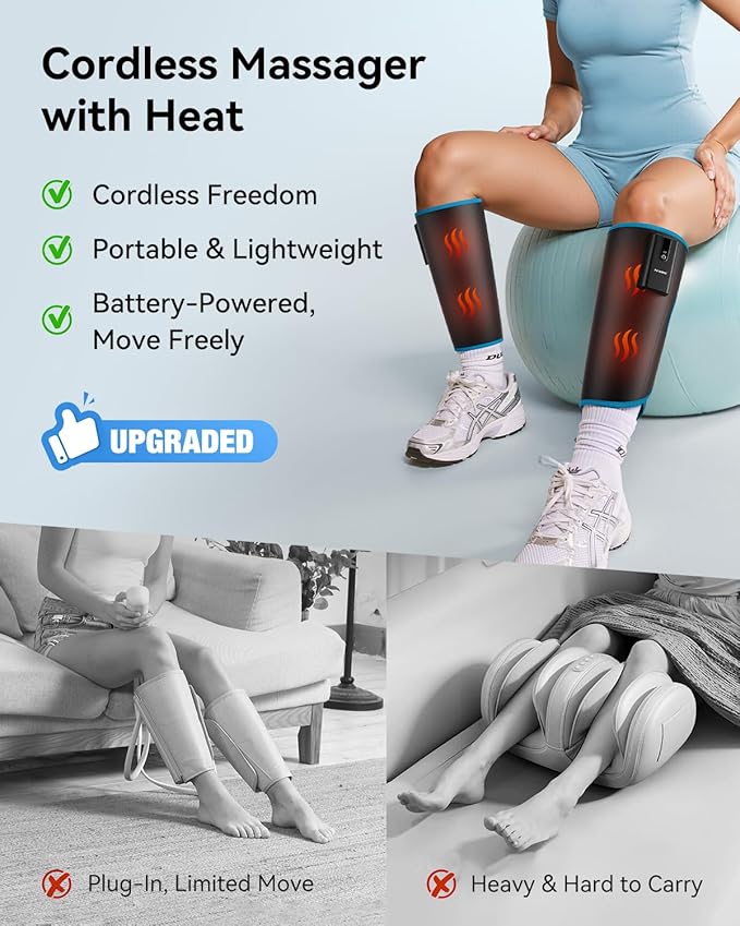 FIT KING Cordless Calf Massager with Heat &amp Compression – Rechargeable Leg Massager for Circulation Edema RLS &amp Pain Relief 3 Heat Levels 3 Modes &amp Intensities Portable Mom Dad Ath