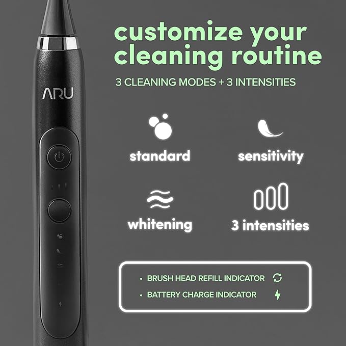 ARU Sonic Toothbrush Starter Kit with Customizable Modes and 2 Minute Timer ADA-Approved Electric Toothbrush for Adults Soft Toothbrush for Gums 45+ Days Battery Travel Case Midnight Black