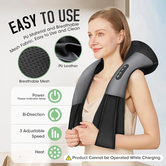 Cordless Shiatsu Neck and Shoulder Massager Back Massager with HeatMassage Deeper Tissue 4D Kneading Massage for Shoulder Neck and Back Use at Home Office Car - Gifts for Fathers Day Dad Gift