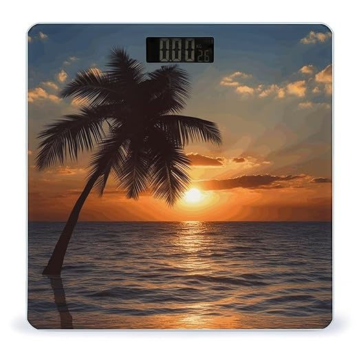 Sunset Palm Tree Ocean Bathroom Scale Automatic Power On/Off Body Scales LCD Backlight Display Square Digital Scale Rounded Corners Bathroom Scales for Home Bedrooms