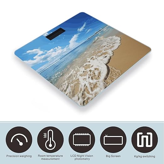 Sea and Beach Scale for Body Weight Anti-Slip Digital Bathroom Scale Sturdy Toughened Glass Weighing Scales High Precision Safe Rounded Corners Smart Scales