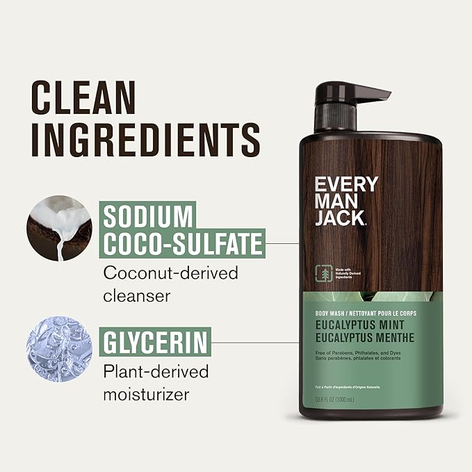 Every Man Jack Eucalyptus Mint Hydrating Mens Body Wash for All Skin Types - Cleanse Nourish and Hydrate Skin with Naturally Derived Ingredients - Paraben Free Phthalate Free Dye Free - 33.8oz