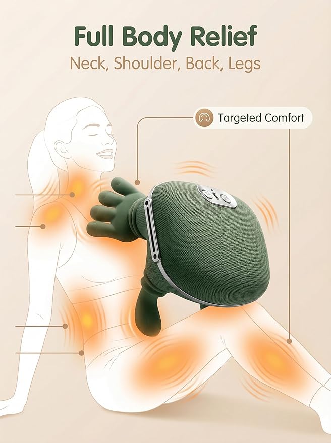 Handheld Electric Massager with Heat 4D Kneading Shoulder and Neck Massager Green Portable Deep Tissue Muscle Relief Brushless Motor